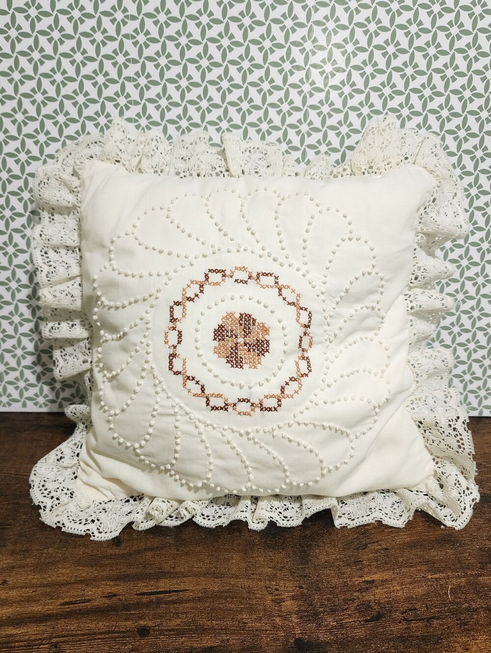 Vintage Hand-Embroidered Cream Decorative Throw Pillow with Lace Ruffle